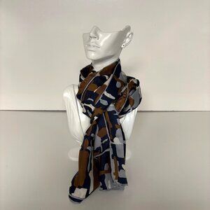 Echo Silk Scarf Abstract Blue Brown White Rectangle Vintage Modernist Classy